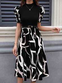 SHEIN Clasi Women's Printed Patchwork Puff Sleeve Dress - Multicolor - View 6