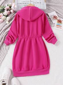 SHEIN Tween Girls' Long Hooded Sweatshirt With Drawstring - Hot Pink - View 2