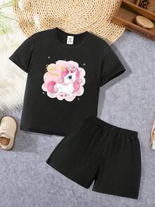 2入組嬰兒女孩休閒簡約運動趣味印花套裝,春夏大放異彩 - 黑色 - 查看 1