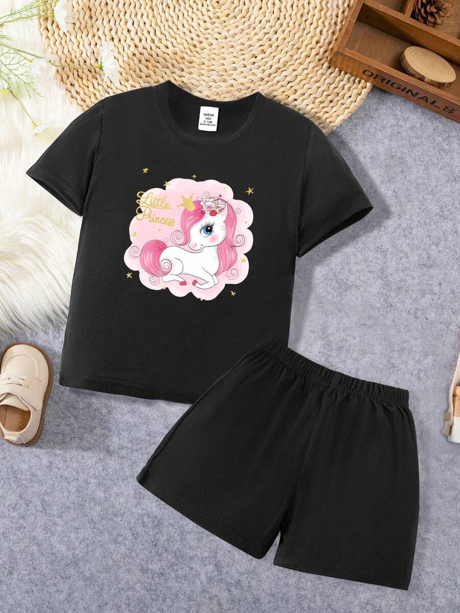 2入組嬰兒女孩休閒簡約運動趣味印花套裝,春夏大放異彩 - 黑色 - 查看 1