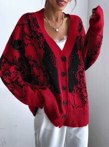 SHEIN Essnce Random Pattern Cardigan With Dropped Shoulder - Red - View 5