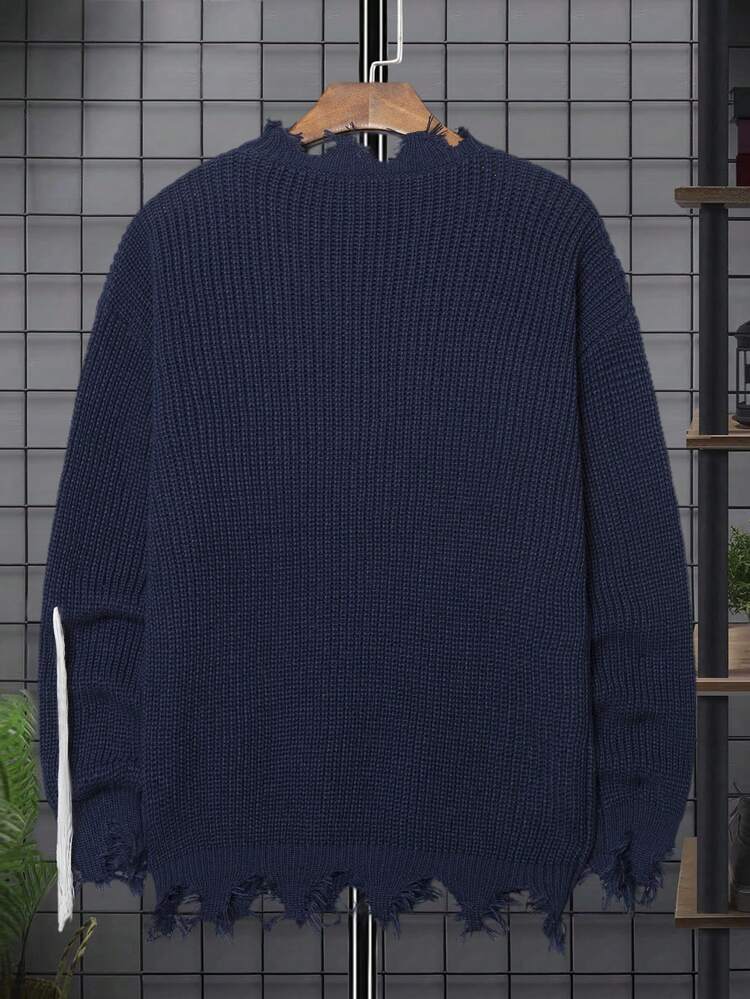 Men's Distressed Trim Sweater With Letter Pattern