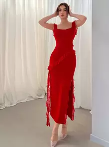 Aloruh Slit Front Valentine's Day Dress With Frill Trim