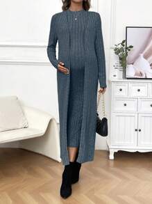 SHEIN Maternity Ribbed Sleeveless Dress And Coat 2pcs/Set - Dusty Blue - View 6