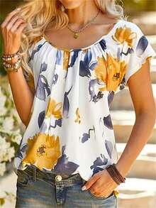 Women's Floral Print Casual Vacation Round Neck Blouse - White - View 3