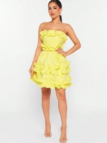 Hauture Floral Ruffle Frill Tube Dress - Yellow - View 5