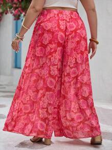 SHEIN VCAY Floral Print Wide Leg Pants, Plus Size, Romantic Valentine's Day Style - Multicolor - View 2