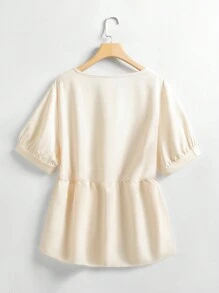 SHEIN Clasi 大码女式泡泡袖荷叶边下摆衬衫荷叶边上衣 - 杏色 - 查看 3