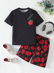SHEIN Tween Boys' Cartoon Rose Printed T-Shirt And Shorts Set - Multicolor - View 1