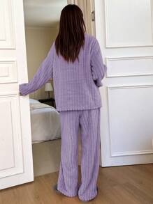 DAZY 女士拼接抓毛長袖家居服套裝 - 紫色 - 查看 2
