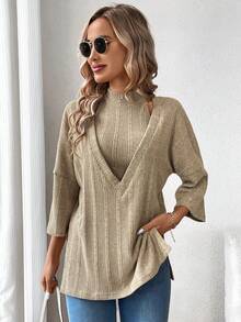 SHEIN LUNE 2件套女士露背頸肋織背心和垂墜肩長袖衫 - 杏色 - 查看 5