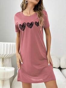 Vestido De Dormir Simple Con Impresión De Corazón De Amor - Rosa Fucsia - Ver 4