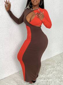 Slaydiva Vestido Entallado Con Huecos En Bloque De Color - Multicolor - Ver 4