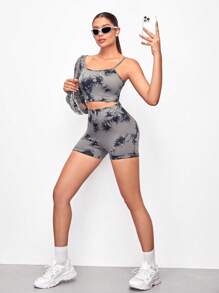 VARSITIE Sports  Yoga Basic Chest Cup&Prints With TANK TOP AND LEGGING  SET - Black - View 6