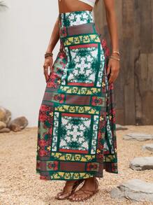 SHEIN BohoFeels 女士印花拼接長裙 - 綠色 - 查看 3