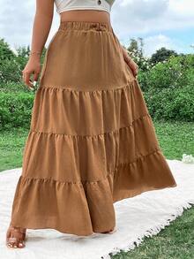 Flirla Falda De Talla Grande Con Dobladillo De Volantes Y Capas Para Mujeres - Marrón - Ver 4