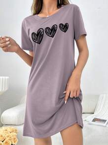 Ladies' Simple Sketch Heart Printed Pajama Night Dress - Violet Purple - View 1