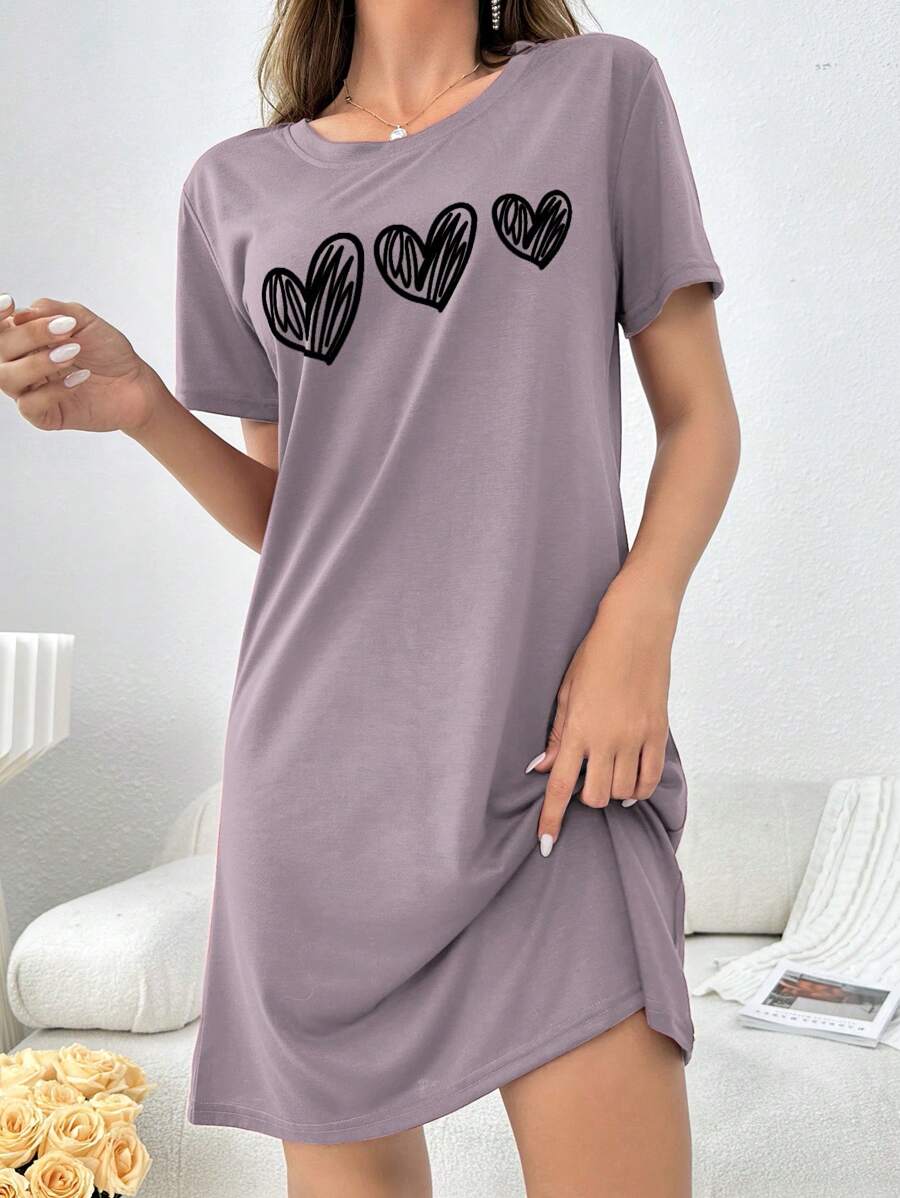 Ladies' Simple Sketch Heart Printed Pajama Night Dress - Violet Purple - View 1