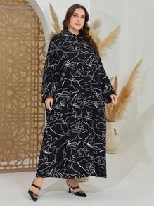 Mulvari Plus Size Full Printed Bell Sleeve Dress - Black - View 3
