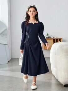 SHEIN Leap Crew Tween Girls' Vintage Mid-Length Dress With Faux Pearl Decor And Long Sleeve, Elegant Style - Navy Blue - View 4