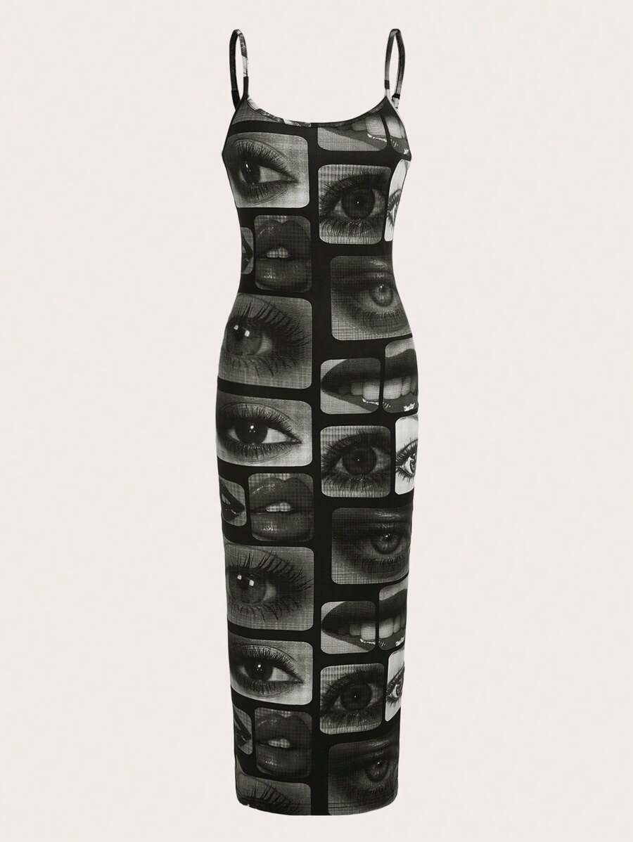 SHEIN ICON Eye & Lip Print Cami Bodycon Dress