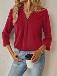 SHEIN Clasi Solid Color V-Neck Blouse - Red - View 3