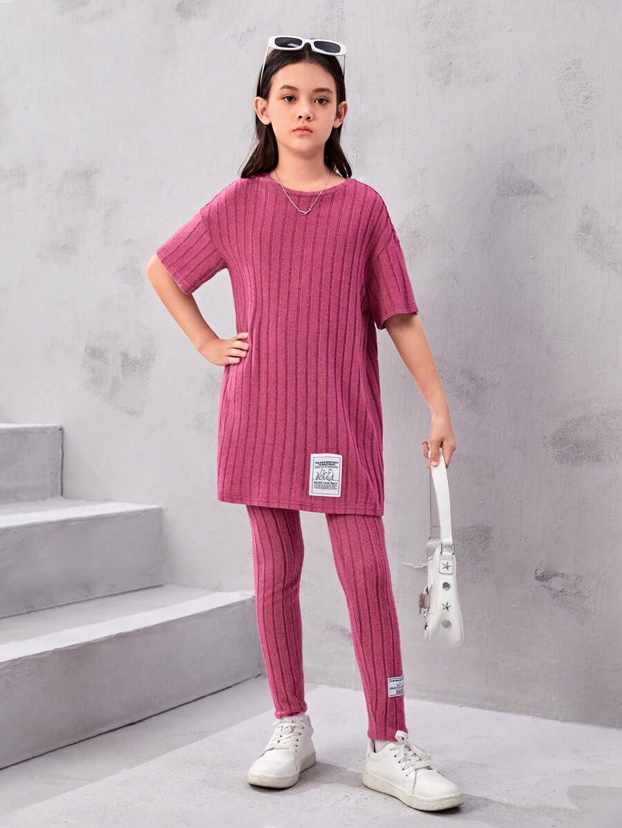 Tween 女孩寬鬆復古風格圓領落袖 T 恤和褲子套裝 - 紫色 - 查看 1