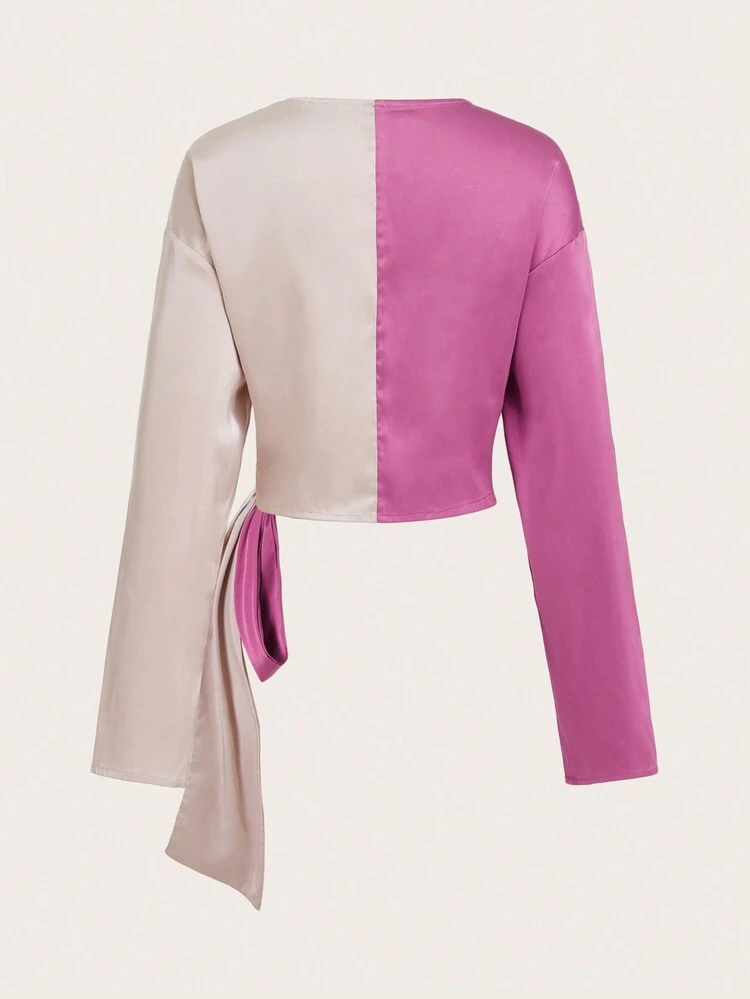 Women's Surplice Tie Waist Color Block Satin Long Sleeve Shirt