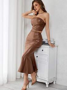 SHEIN Privé Women's Strapless Ruched And High Waist Split Hem Bodycon Skirt 2pcs/Set - Brown - View 5