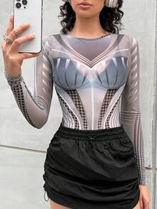 SHEIN Coolane 全覆蓋圖案網眼連身衣 - 黑與白 - 查看 3