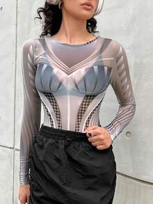 SHEIN Coolane 全覆蓋圖案網眼連身衣 - 黑與白 - 查看 4