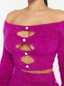 Hauture Fluffy Knit Cut Out Top & Skirt Set - Red Violet - View 4