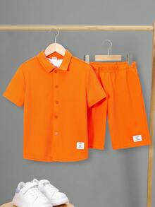 SHEIN Tween Boys' Comfortable Casual Solid Color Patch Detail Two Piece Set - Orange - View 5