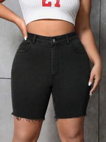 SHEIN EZwear 女士大尺碼純色繡邊窄褲短褲 - 黑色 - 查看 3