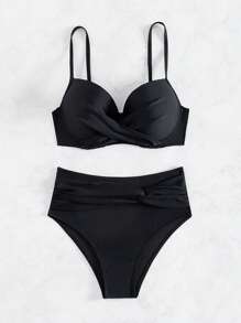 SHEIN Swim 女士交叉背心設計比基尼套裝 - 黑色 - 查看 5