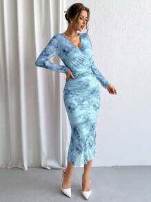 SHEIN Privé Vestido De Manga Larga Con Cuello Envolvente De Malla De Degradado Para Mujer - Celeste - Ver 3