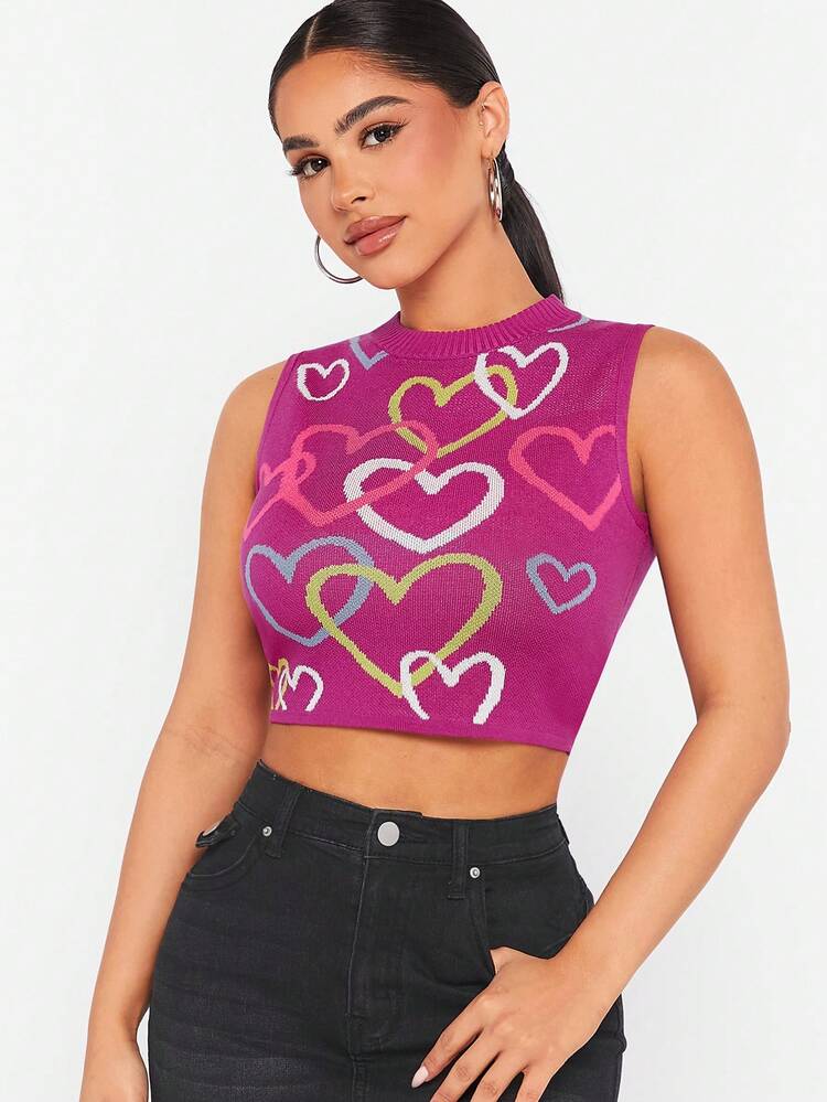 Short Sleeve Colorful Heart Pattern Knitted Top, Spring/Summer Fashion