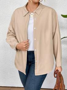 SHEIN LUNE Plus Size Solid Color Flannel Shirt - Khaki - View 6