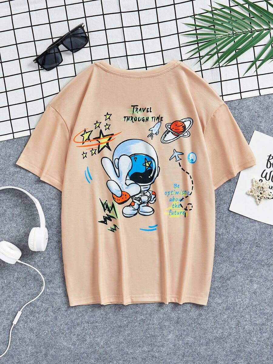 SHEIN Con trai Giải trí Thoải mái Hoạt hình In thư Áo thun - Màu Khaki - Xem 1