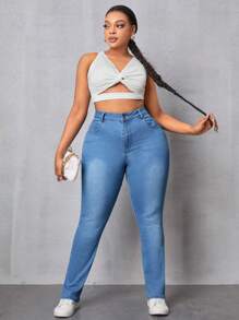 SHEIN SXY 加大尺碼彈性女士牛仔褲 - 藍色 - 查看 4