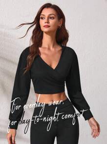 SHEIN Sports Women's Cropped Hooded Sports Sweatshirt - Black - View 5