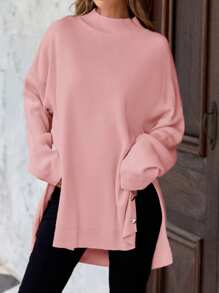SHEIN Cottnline Suéter De Talla Grande Con Detalle De Botón Y Aberturas Laterales - Rosa Pálido - Ver 5