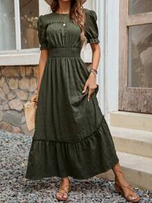 SHEIN Clasi 泡泡袖圆领长款女装 - 軍綠色 - 查看 6