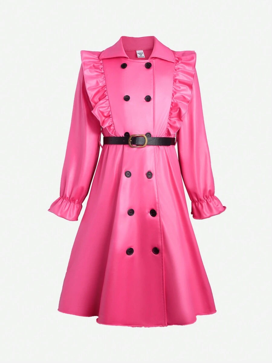 SHEIN Tween Girls Dresses Berikat Tombol Ganda Ruffle Plain Lucu - Hot Pink - View 1