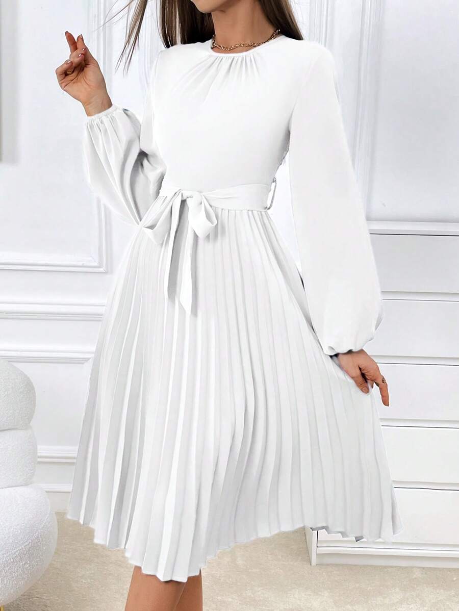 SHEIN Privé Ladies' Solid Color Lantern Sleeve Dress With Pleated Hem And Belt - White - View 1