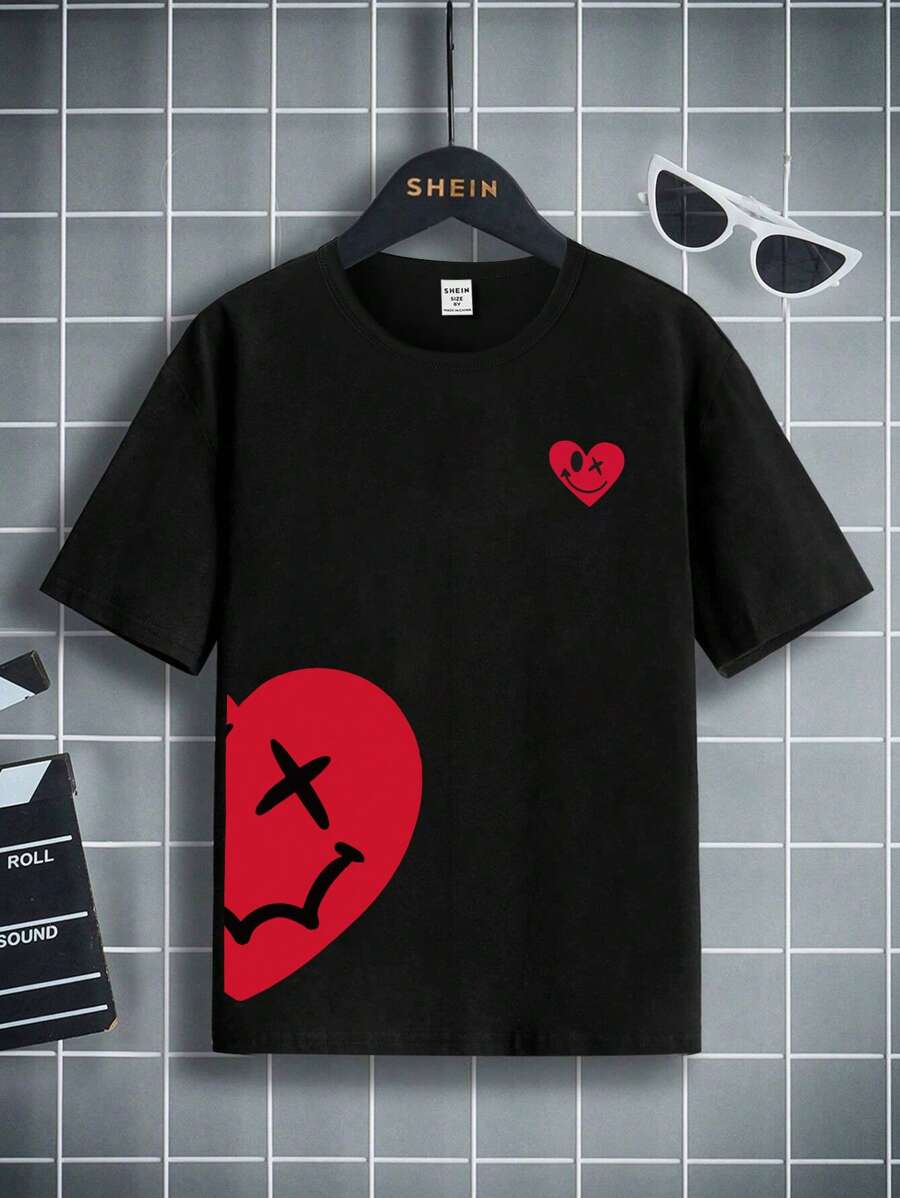 SHEIN Tween Boy 1pc Basic Round Neck Short Sleeve T-Shirt With Heart Print Summer Holiday - Black - View 1