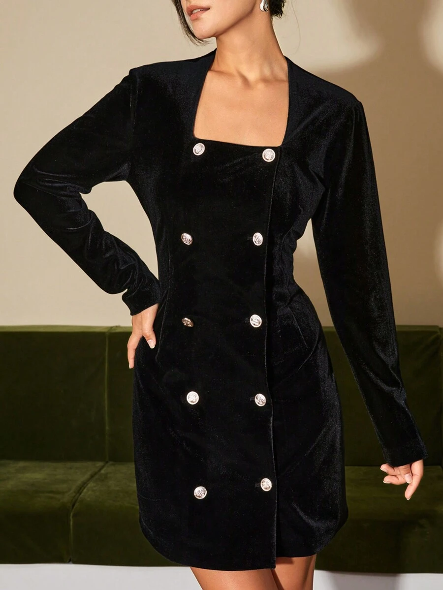 女士雙排扣方領裙裝 - 黑色 - 查看 1