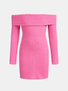SHEIN Tween Girls' Solid Color Knitted Off-Shoulder Casual Dress - Hot Pink - View 1