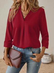 SHEIN Clasi Solid Color V-Neck Blouse - Red - View 1
