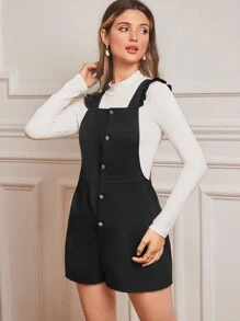 SHEIN Frenchy Ruffled Embellished Button Front Romper For Summer Black Casual - Black - View 6
